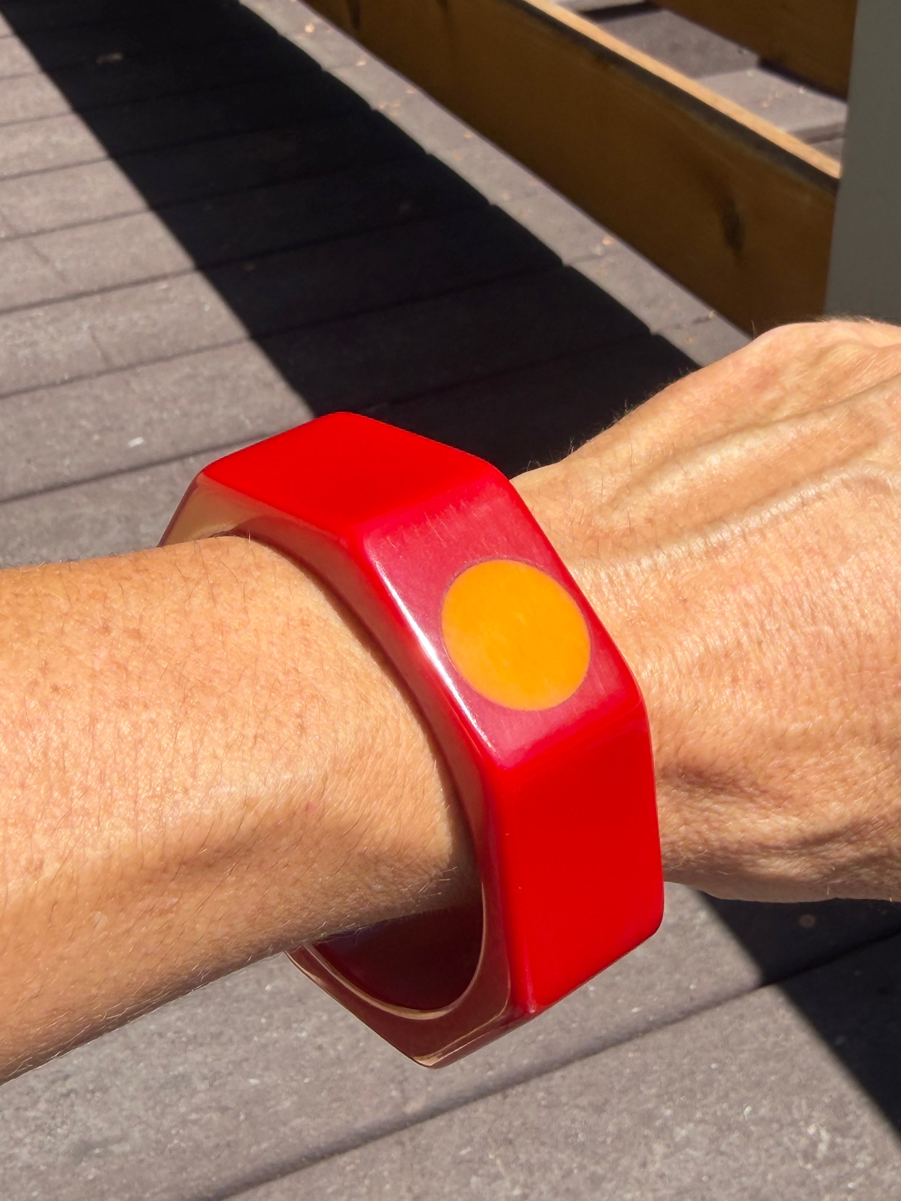 Red Geometric Octagonal Bakelite Bangle - 4 Dot
